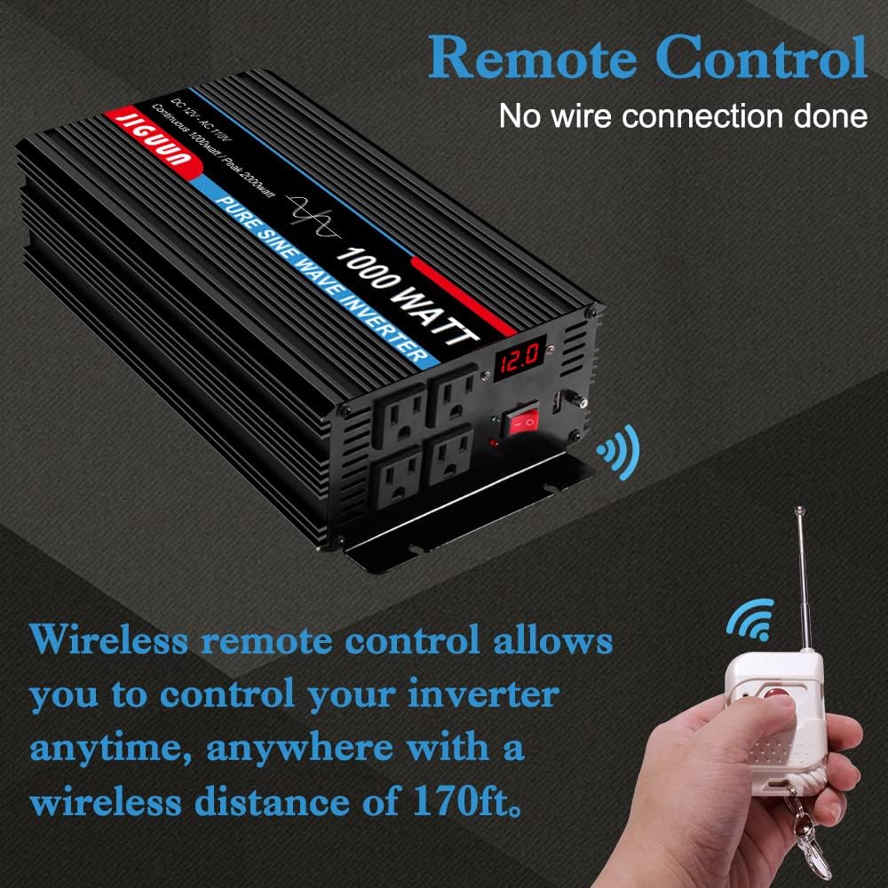 Power Inverter Pure Sine Wave 1000 Watt DC 12V to AC 110V with LCD, 4 AC Outlets, USB Output, 170ft Wireless Control O61163