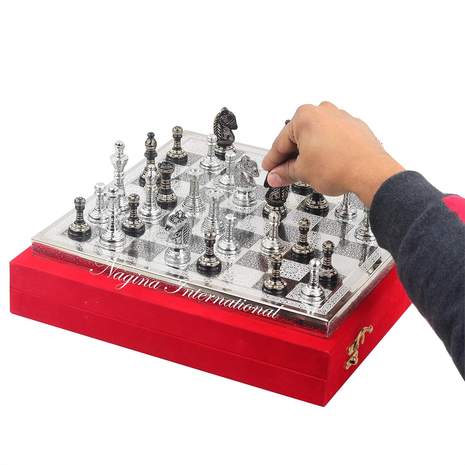 Solid Brass Black Chess Set with Red Velvet Storage Case T170454