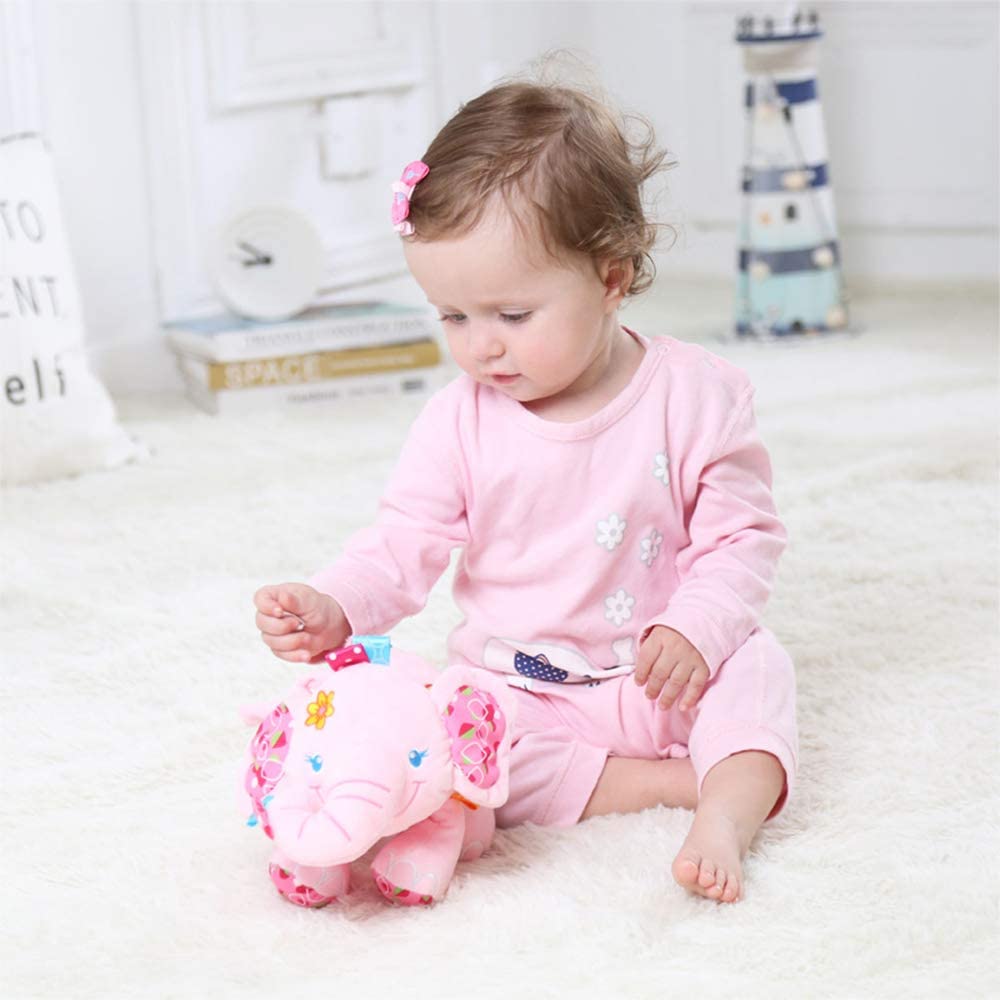 Baby Musical Stroller Toys Elephant Plush Stuffed Infant Toy with Musical Box, Squeaky Feet, BPA Free Teether A90083