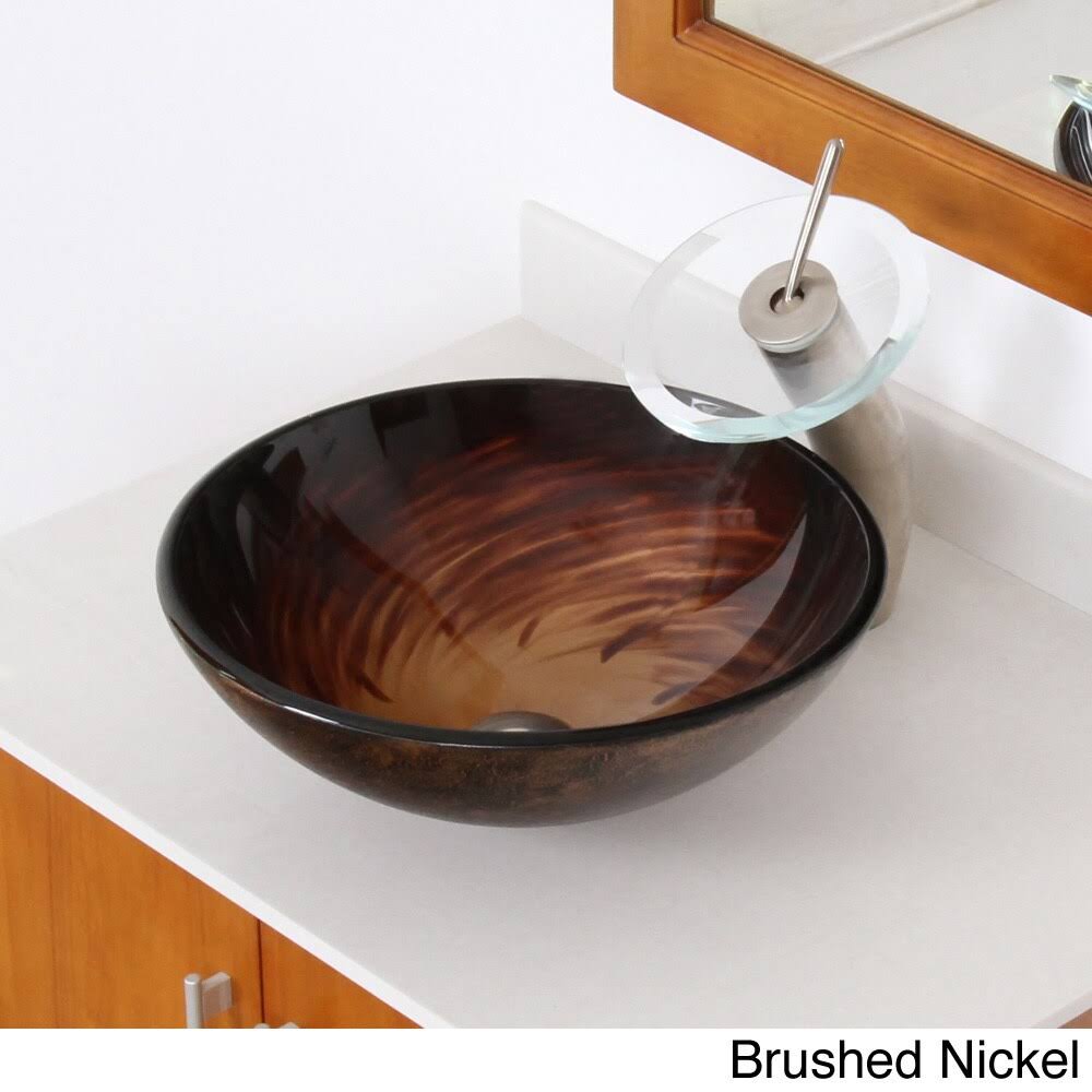 Brown Glass Bathroom Vessel Sink and Waterfall Faucet O416499