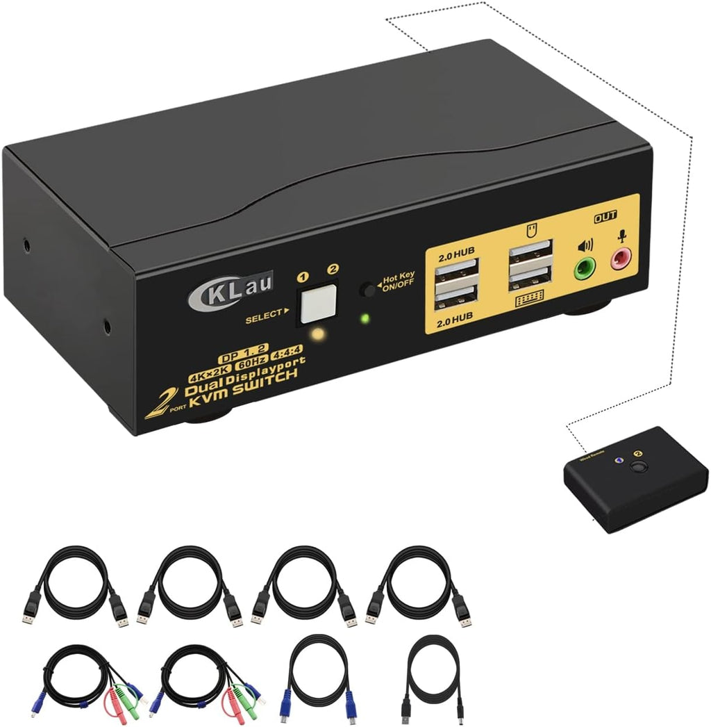 2 Port Dual Monitor Displayport KVM Switch with Audio, USB 2.0 Hub and Cables Y25666