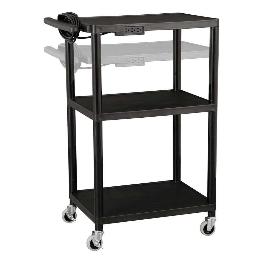 Black Plastic Utility AV Cart with Power Strip S124