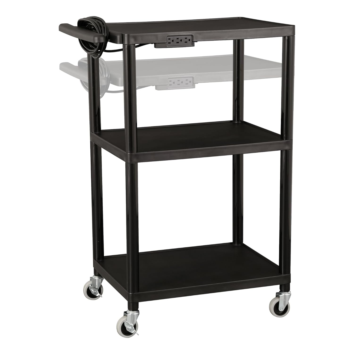 Black Plastic Utility AV Cart with Power Strip S124
