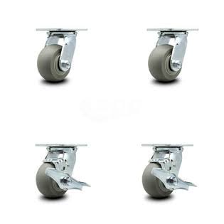 4 inch Thermoplastic Rubber Swivel Caster Set with Roller Bearings 2 Brakes Z4781
