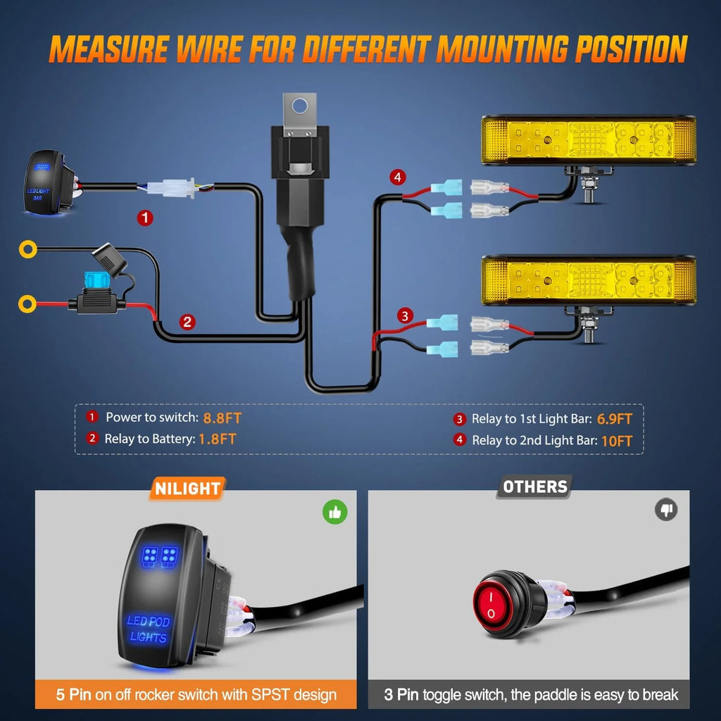 Amber LED Light Bar Pods 2PCS 6.5 Inch 60W Flood Spot Beam Combo Fog Driving Light Wiring Harness Kit S10472