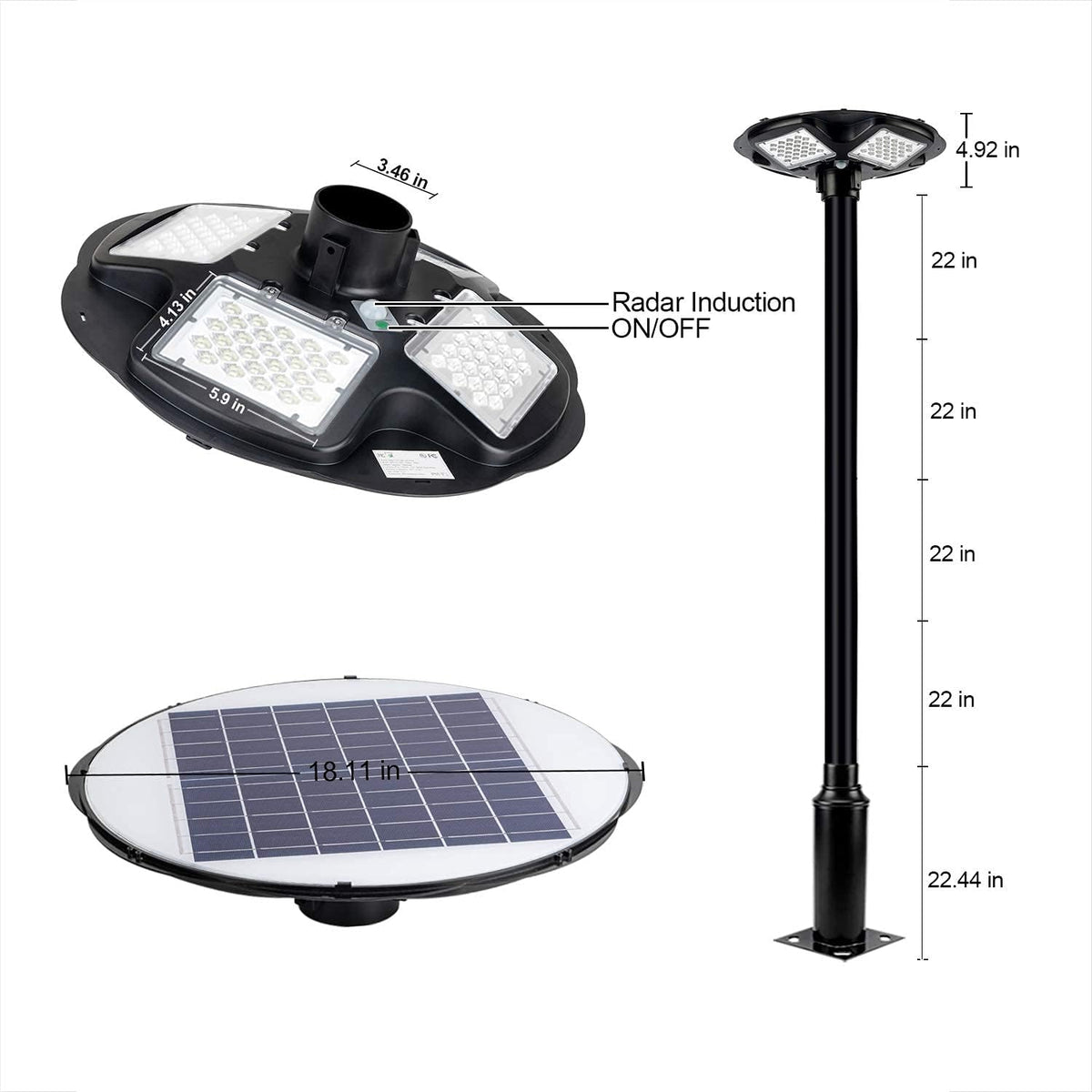 100W LED Solar Pole Light with 98 inch Pole IP65 Waterproof 6500K Auto Dusk to Dawn with Remote W608938