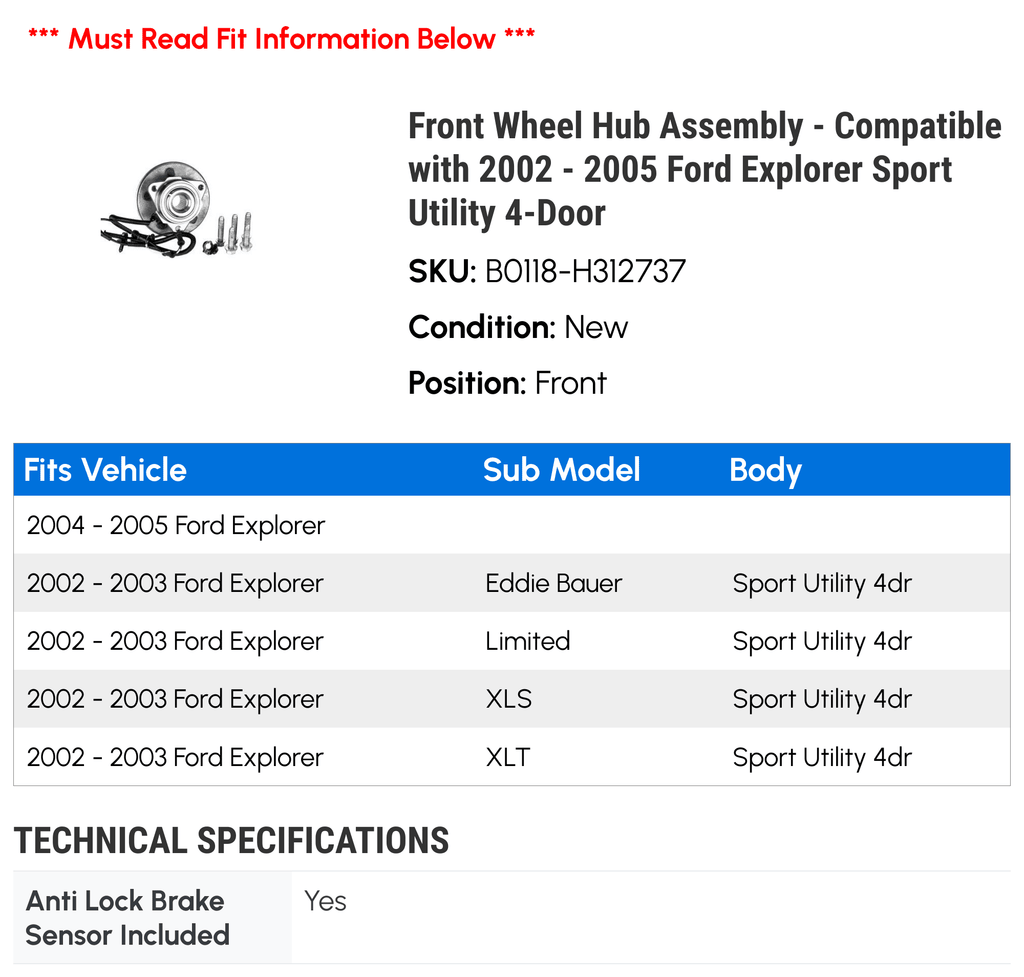 Front Wheel Hub Assembly Compatible with 2002-2005 Ford Explorer Sport Utility 4-Door X665