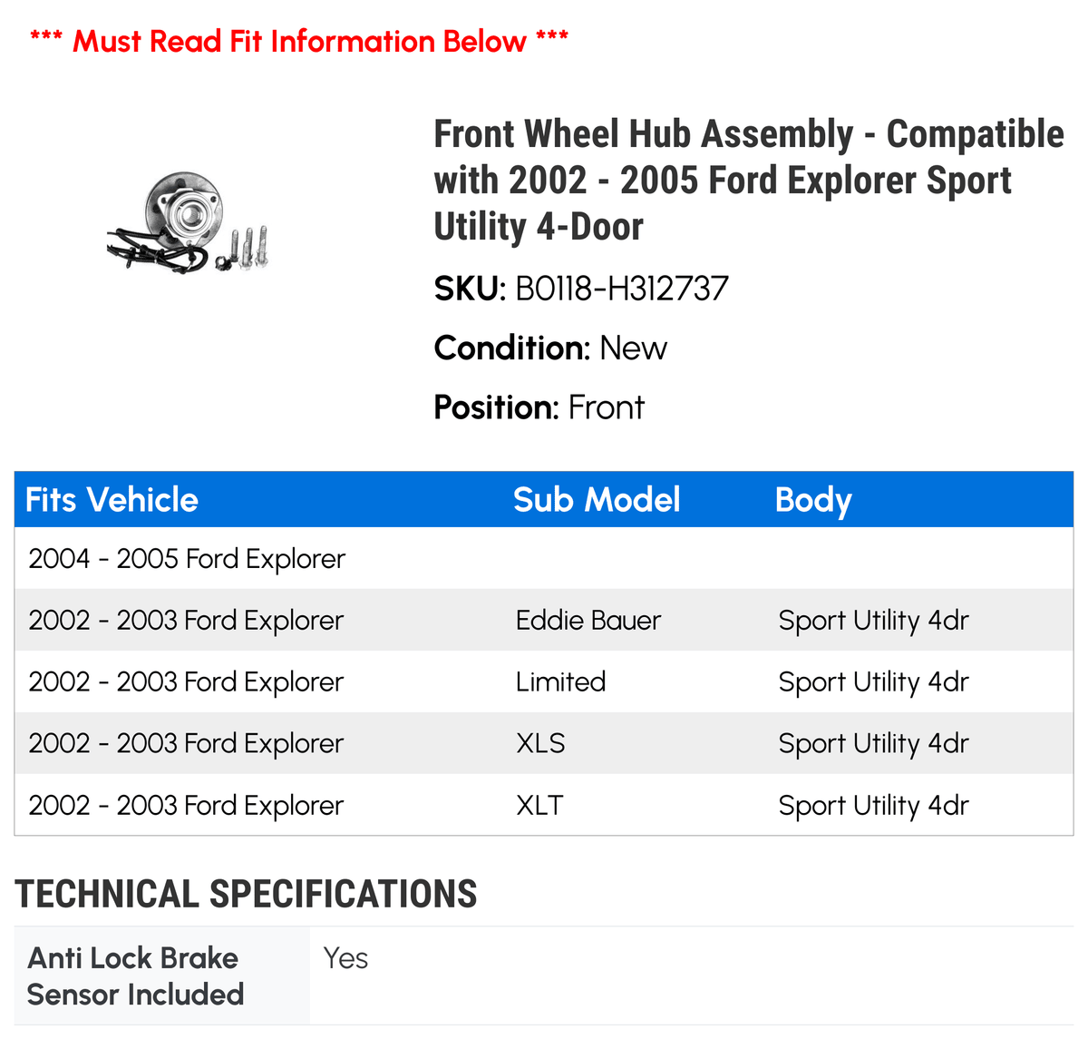 Front Wheel Hub Assembly Compatible with 2002-2005 Ford Explorer Sport Utility 4-Door X665