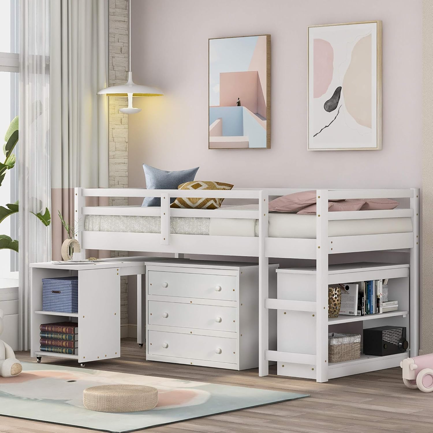 Twin Loft Bed with Desk and Cabinet Wooden Bunk Bed Q922