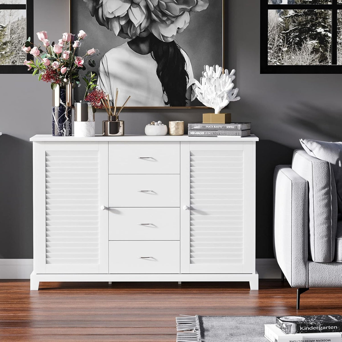 White Storage Cabinet with Drawers and Louvered Doors G308116