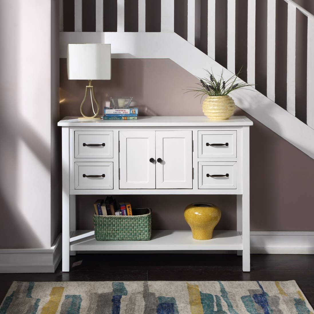 White and Brown 4 Drawers Storage Console Table with Cabinet and Shelf R179173