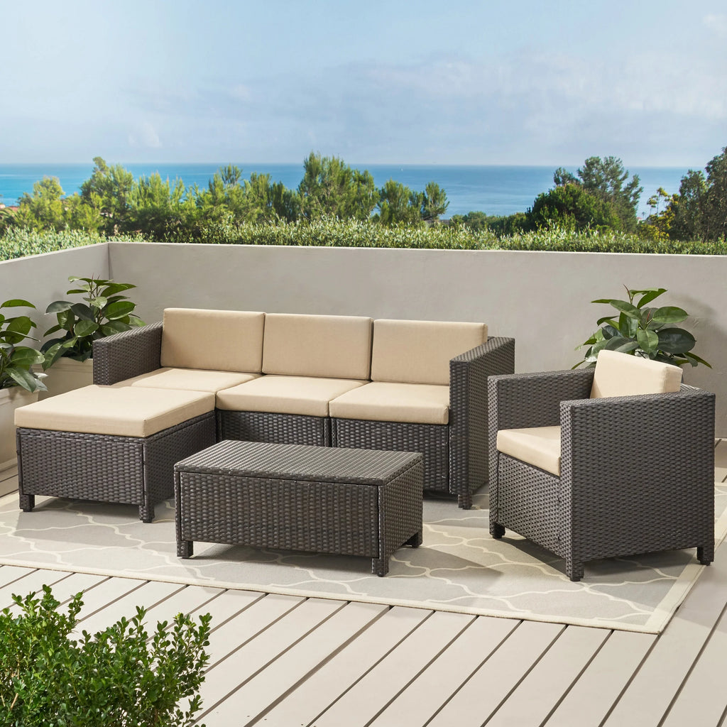 Brown and Beige Wicker L-Shaped Sectional Sofa Set A618
