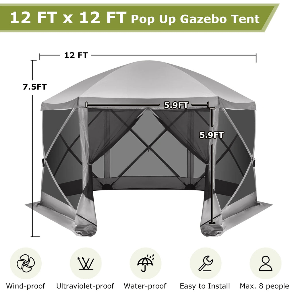 12 x 12 FT Pop Up Screen House Tent with Carry Bag, Gray O7338