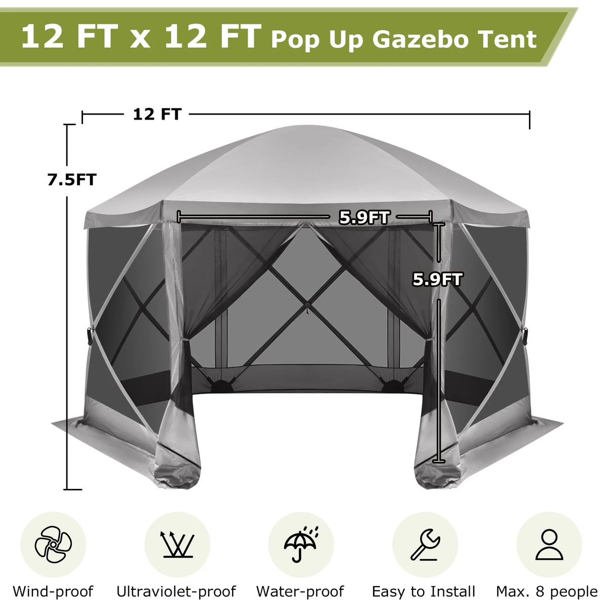 12 x 12 FT Pop Up Screen House Tent with Carry Bag, Gray O7338
