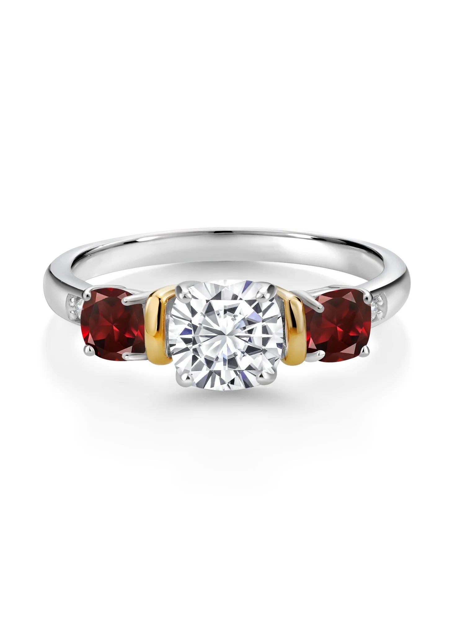 Red Garnet Diamond 3-Stone Ring Set with Moissanite I549