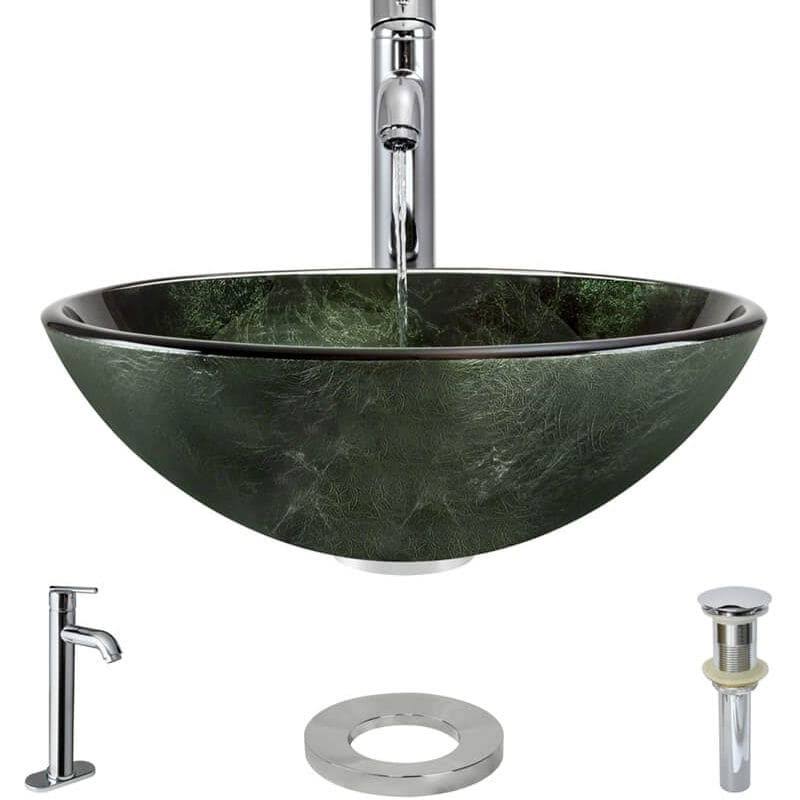 Forest Green Glass Bathroom Sink with Faucet E93443