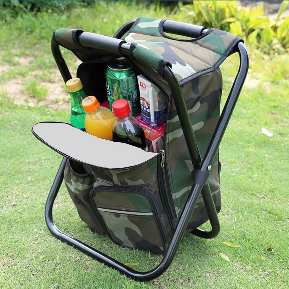 Camouflage Folding Camping Chair Stool Backpack with Cooler Insulated Picnic Bag L990631