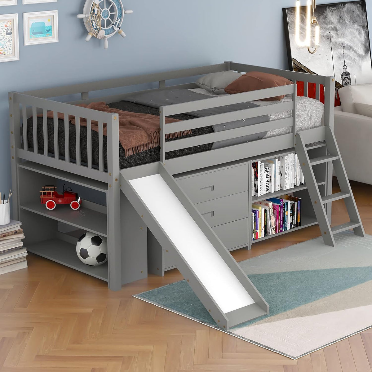 Twin Loft Bed with Desk and Cabinet Wooden Bunk Bed Q922