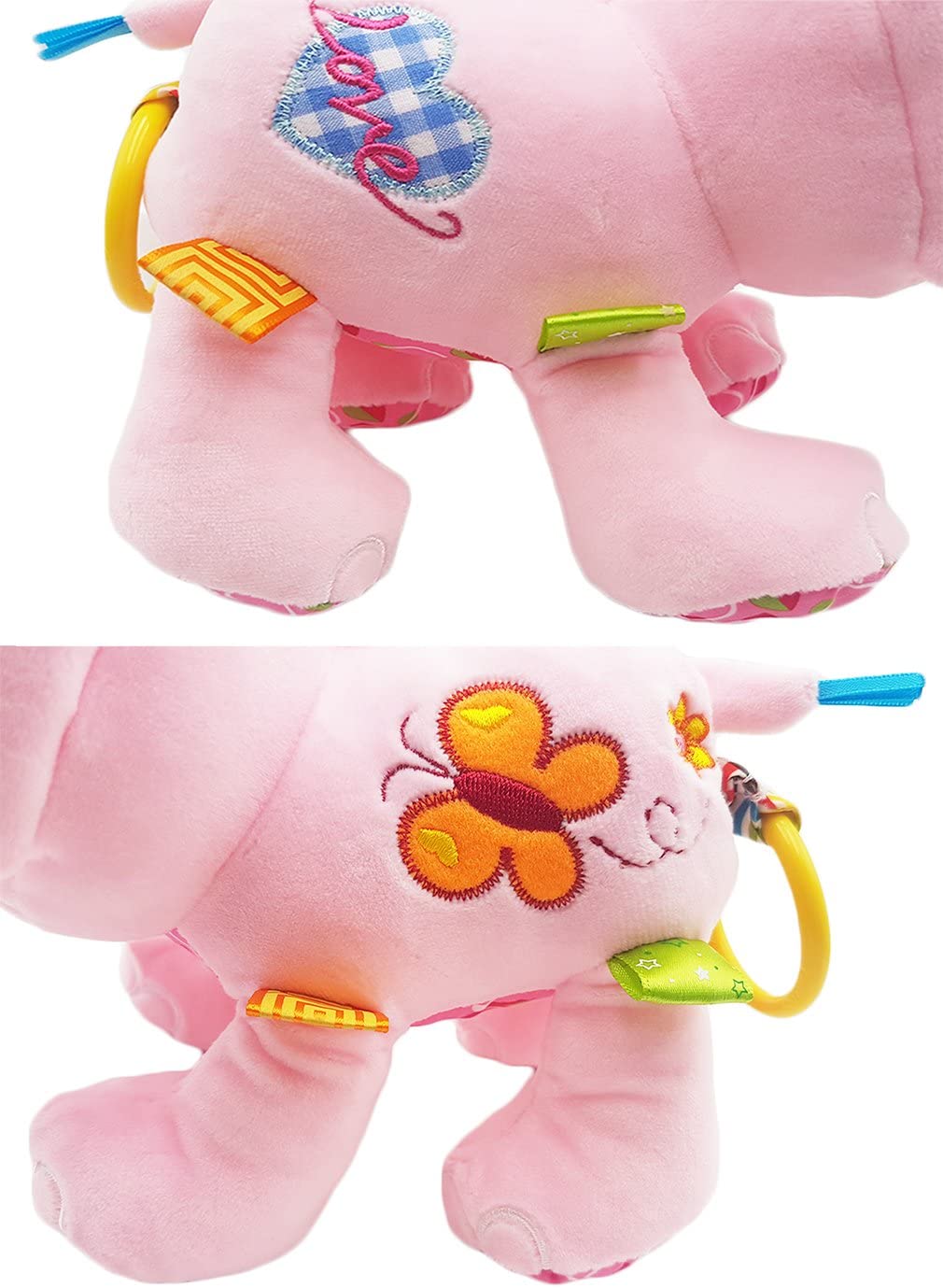 Baby Musical Stroller Toys Elephant Plush Stuffed Infant Toy with Musical Box, Squeaky Feet, BPA Free Teether A90083