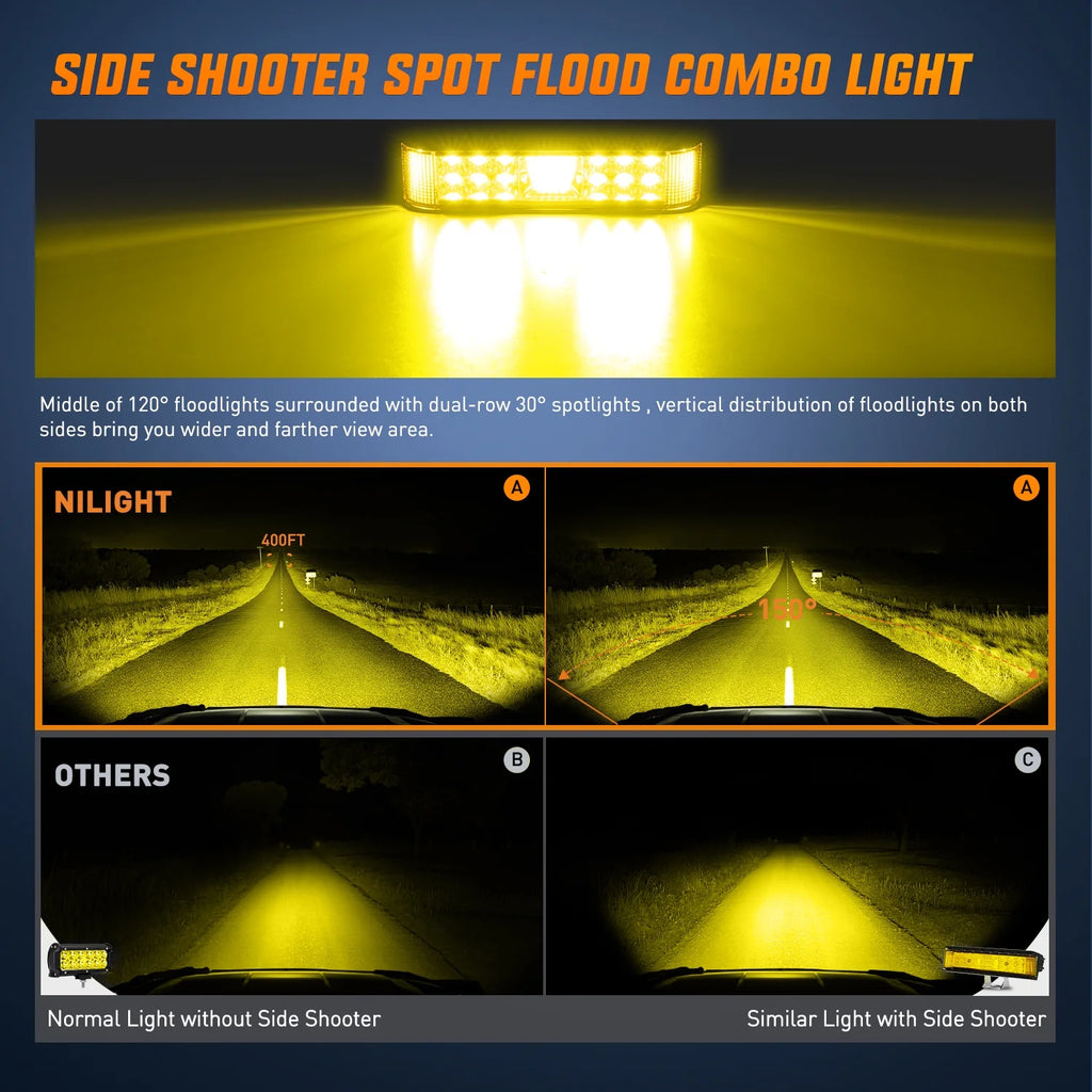 Amber LED Light Bar Pods 2PCS 6.5 Inch 60W Flood Spot Beam Combo Fog Driving Light Wiring Harness Kit S10472