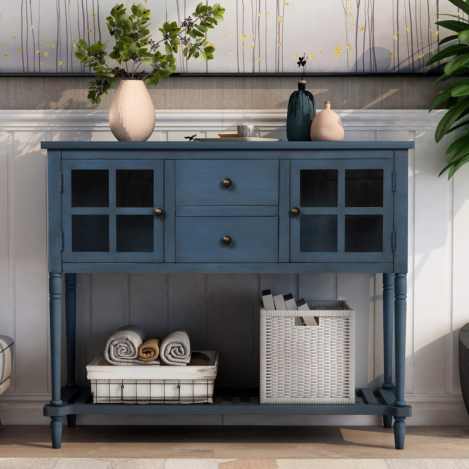 White and Brown 4 Drawers Storage Console Table with Cabinet and Shelf R179173