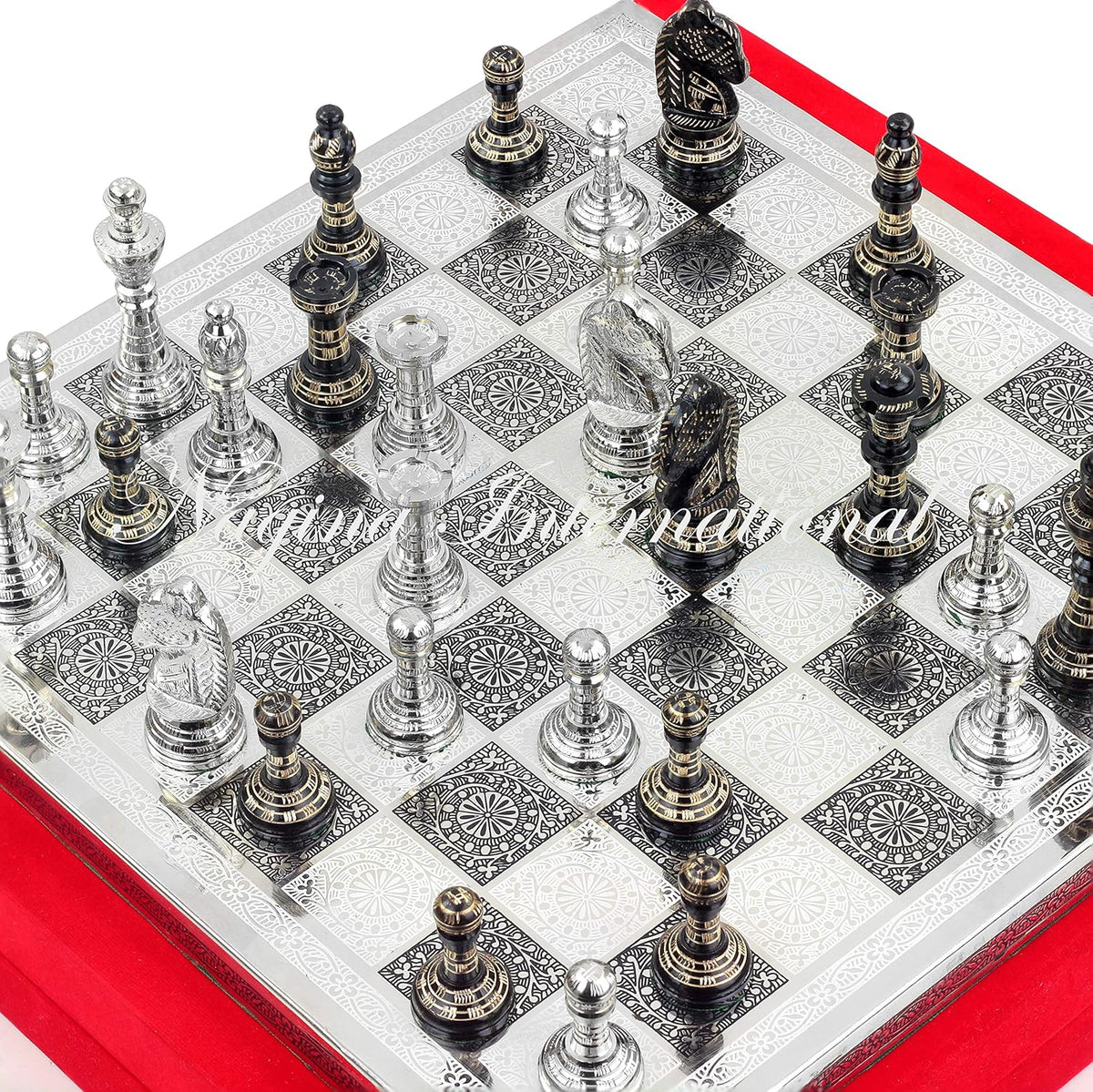 Solid Brass Black Chess Set with Red Velvet Storage Case T170454