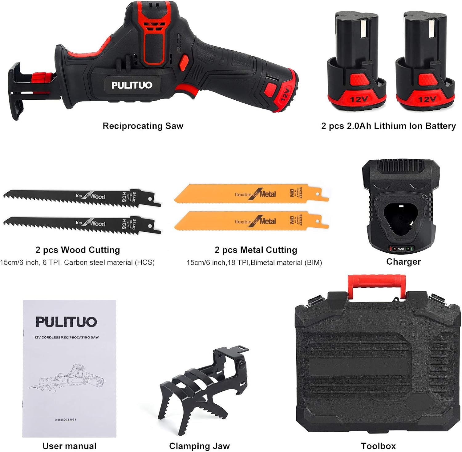 12V Cordless Reciprocating Saw with 2pcs 2.0Ah Li-Ion Battery and 4 Saw Blades H966