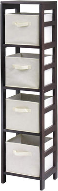 Wood 4 Section Storage Shelf with 4 Beige Fabric Foldable Baskets E61300