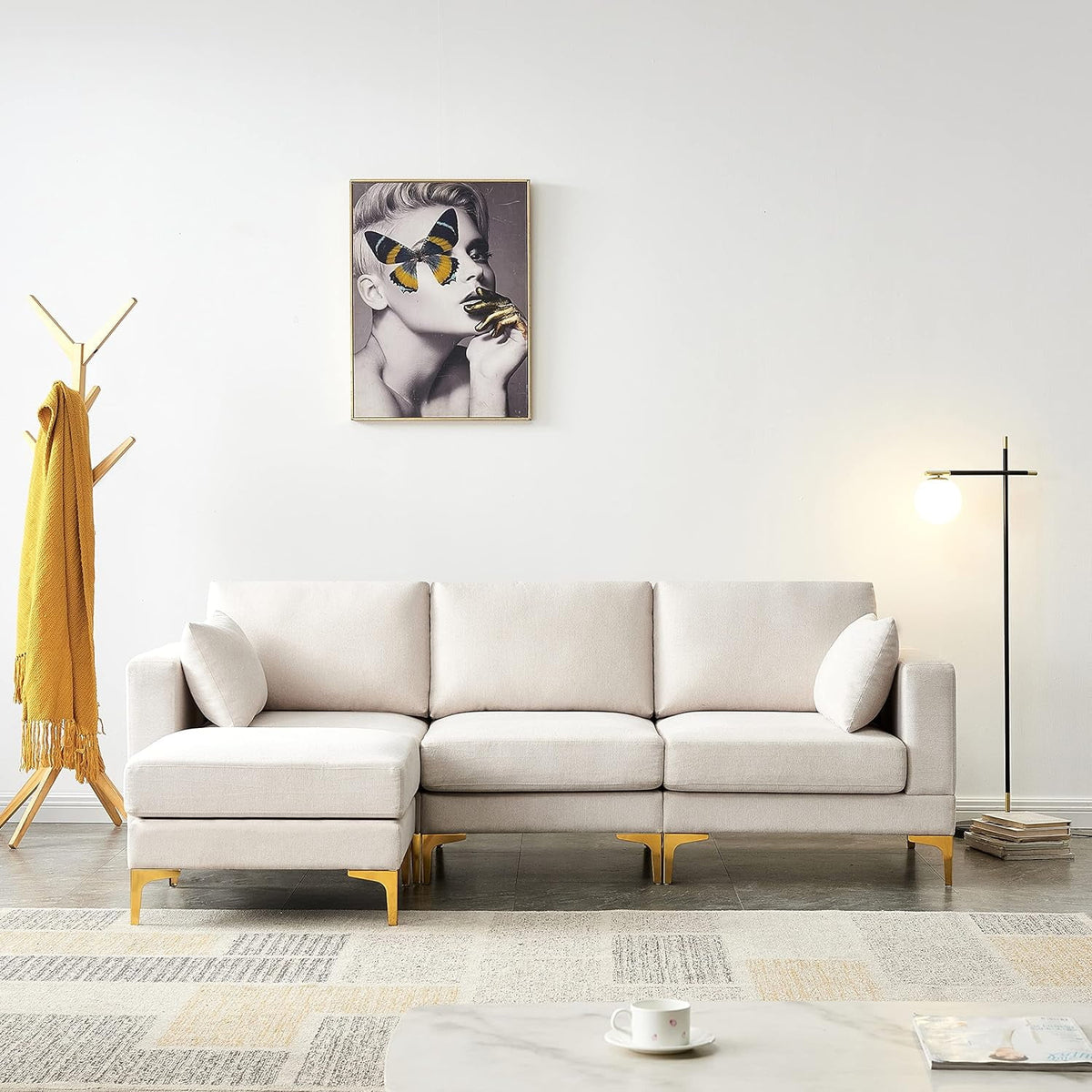 Beige Reversible Modular Couch with 2 Pillows and Metal Legs C678